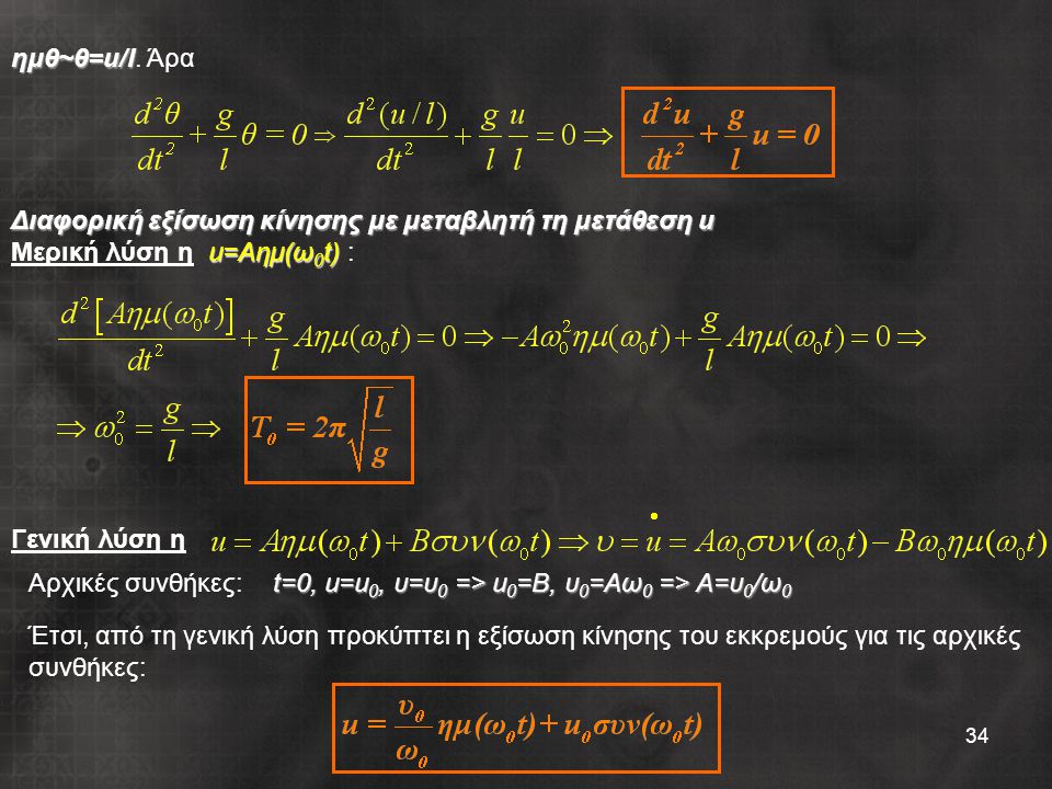 ημθ~θ=u/l. Άρα Διαφορική εξίσωση κίνησης με μεταβλητή τη μετάθεση u. Μερική λύση η u=Aημ(ω0t) : Γενική λύση η.