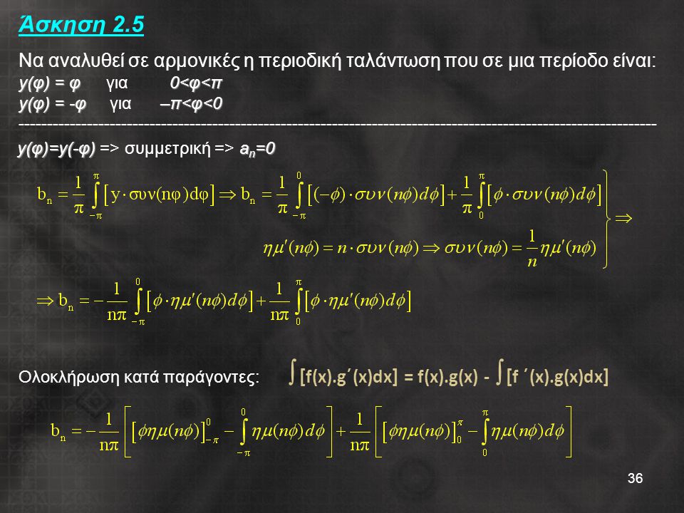 Άσκηση 2.5 Να αναλυθεί σε αρμονικές η περιοδική ταλάντωση που σε μια περίοδο είναι: y(φ) = φ για 0<φ<π y(φ) = -φ για –π<φ<