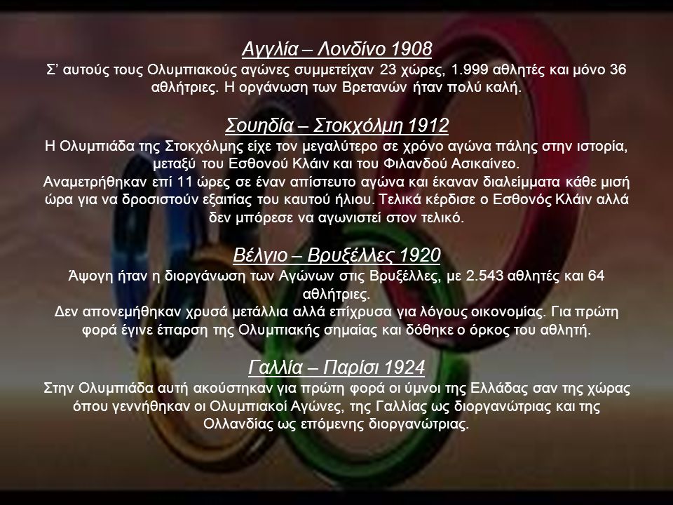 Αγγλία – Λονδίνο 1908 Σ’ αυτούς τους Ολυμπιακούς αγώνες συμμετείχαν 23 χώρες, αθλητές και μόνο 36 αθλήτριες.
