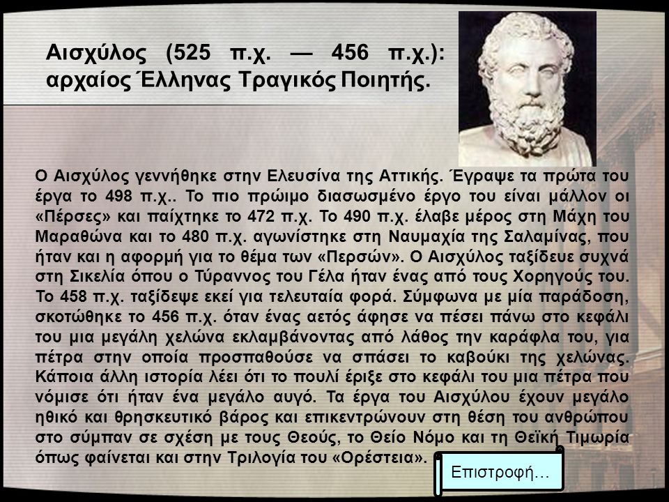 Αισχύλος (525 π.χ. — 456 π.χ.): αρχαίος Έλληνας Τραγικός Ποιητής.