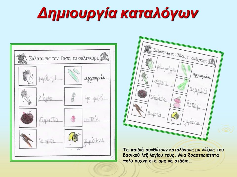 Δημιουργία καταλόγων Τα παιδιά συνθέτουν καταλόγους με λέξεις του βασικού λεξιλογίου τους.