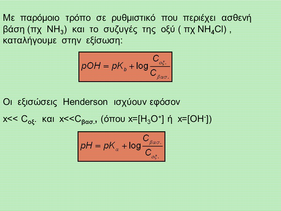 Με παρόμοιο τρόπο σε ρυθμιστικό που περιέχει ασθενή βάση (πχ NH3) και το συζυγές της οξύ ( πχ NH4Cl) , καταλήγουμε στην εξίσωση: