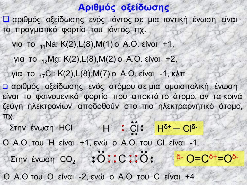 C O δ- O=Cδ+=Oδ- Αριθμός οξείδωσης Cl Η Hδ+ ─ Clδ-