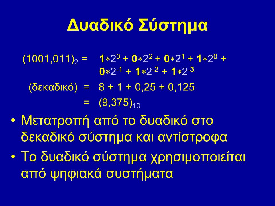 Δυαδικό Σύστημα (1001,011)2 = 123 + 022 + 021 + 120 + 0  2-3. (δεκαδικό) = ,25 + 0,125.