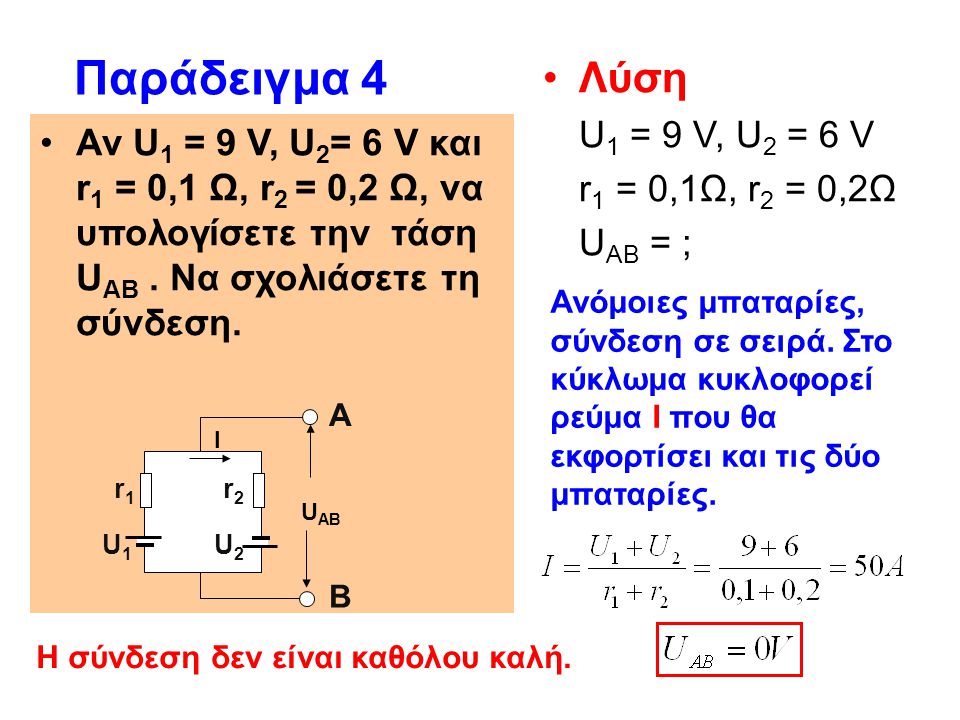 Παράδειγμα 4 Λύση U1 = 9 V, U2 = 6 V r1 = 0,1Ω, r2 = 0,2Ω