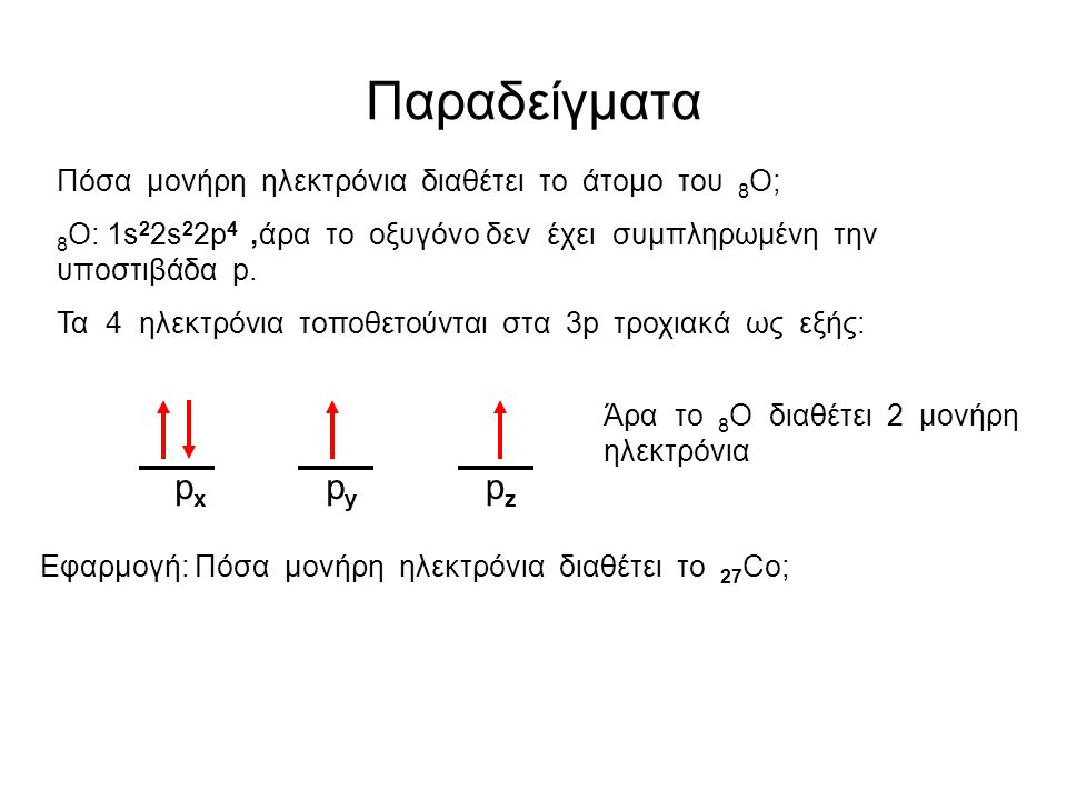 Παραδείγματα px py pz Πόσα μονήρη ηλεκτρόνια διαθέτει το άτομο του 8Ο;