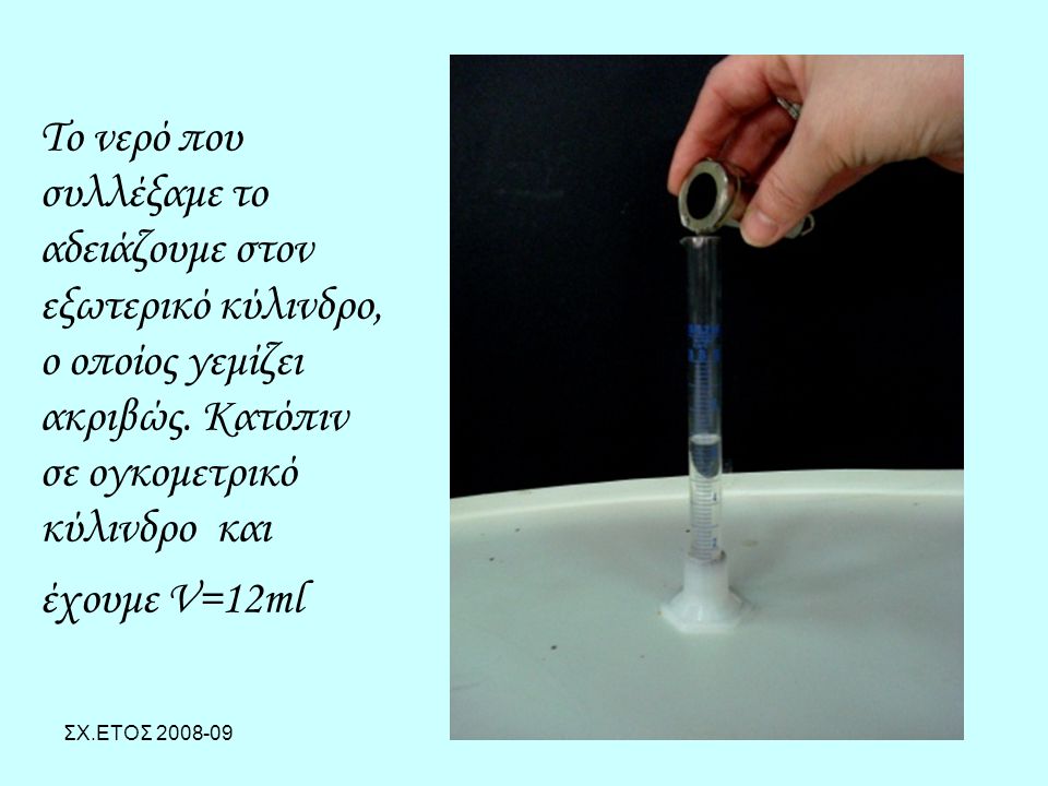Το νερό που συλλέξαμε το αδειάζουμε στον εξωτερικό κύλινδρο, ο οποίος γεμίζει ακριβώς. Κατόπιν σε ογκομετρικό κύλινδρο και έχουμε V=12ml