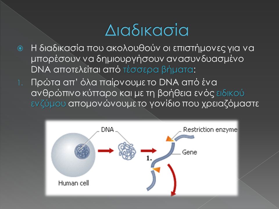 Διαδικασία Η διαδικασία που ακολουθούν οι επιστήμονες για να μπορέσουν να δημιουργήσουν ανασυνδυασμένο DNA αποτελείται από τέσσερα βήματα: