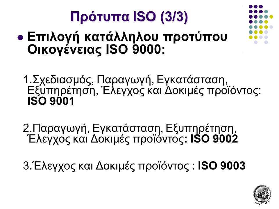 Πρότυπα ISO (3/3) Επιλογή κατάλληλου προτύπου Οικογένειας ISO 9000:
