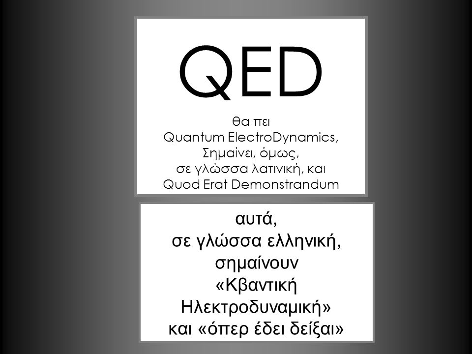 QED αυτά, σε γλώσσα ελληνική, σημαίνουν «Κβαντική Ηλεκτροδυναμική»