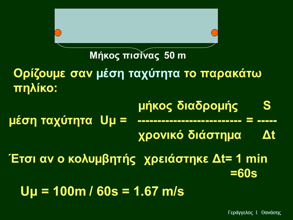 Μήκος πισίνας 50 m Ορίζουμε σαν μέση ταχύτητα το παρακάτω πηλίκο: μήκος διαδρομής S μέση ταχύτητα Uμ = =