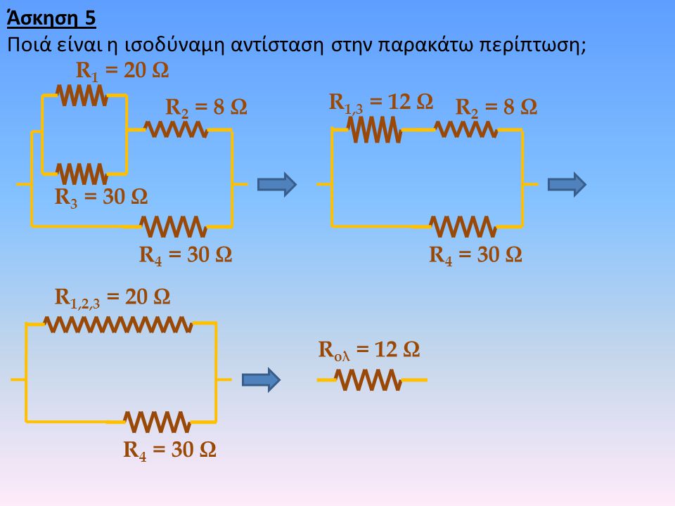 Άσκηση 5 Ποιά είναι η ισοδύναμη αντίσταση στην παρακάτω περίπτωση; R1 = 20 Ω. R1,3 = 12 Ω. R2 = 8 Ω.