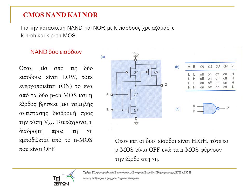 CMOS NAND ΚΑΙ NOR Για την κατασκευή NAND και NOR με k εισόδους χρειαζόμαστε. k n-ch και k p-ch MOS.
