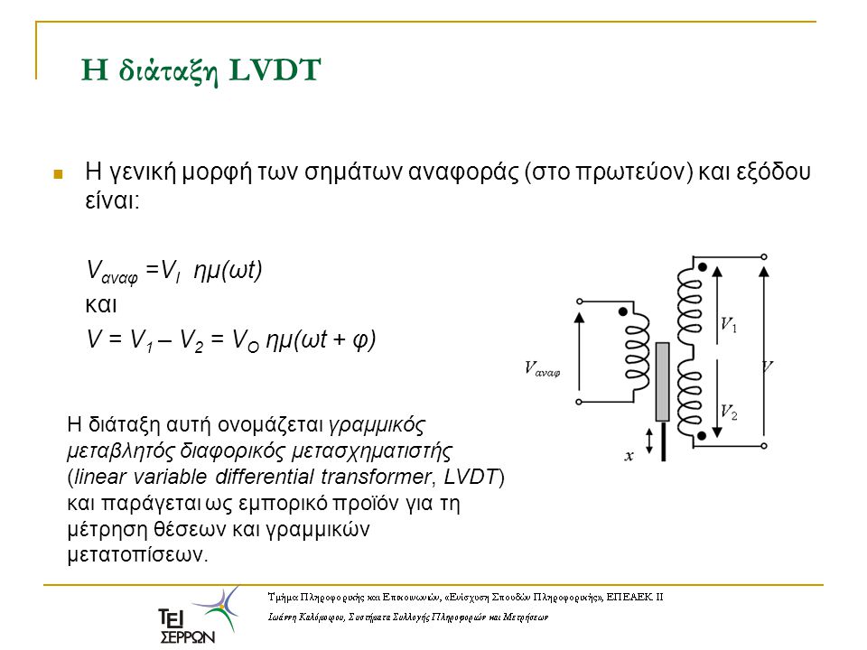 Η διάταξη LVDT Η γενική μορφή των σημάτων αναφοράς (στο πρωτεύον) και εξόδου είναι: Vαναφ =VI ημ(ωt)