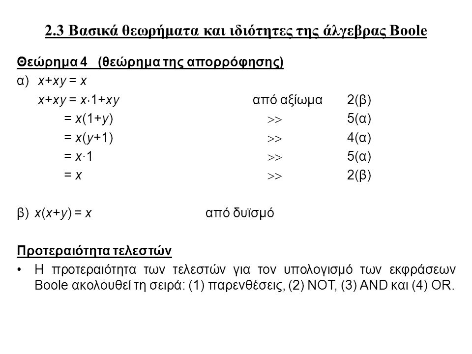 2.3 Βασικά θεωρήματα και ιδιότητες της άλγεβρας Boole
