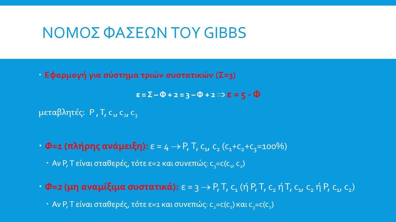Νομος φασεων του gibbs Εφαρμογή για σύστημα τριών συστατικών (Σ=3) ε = Σ – Φ + 2 = 3 – Φ + 2  ε = 5 - Φ.