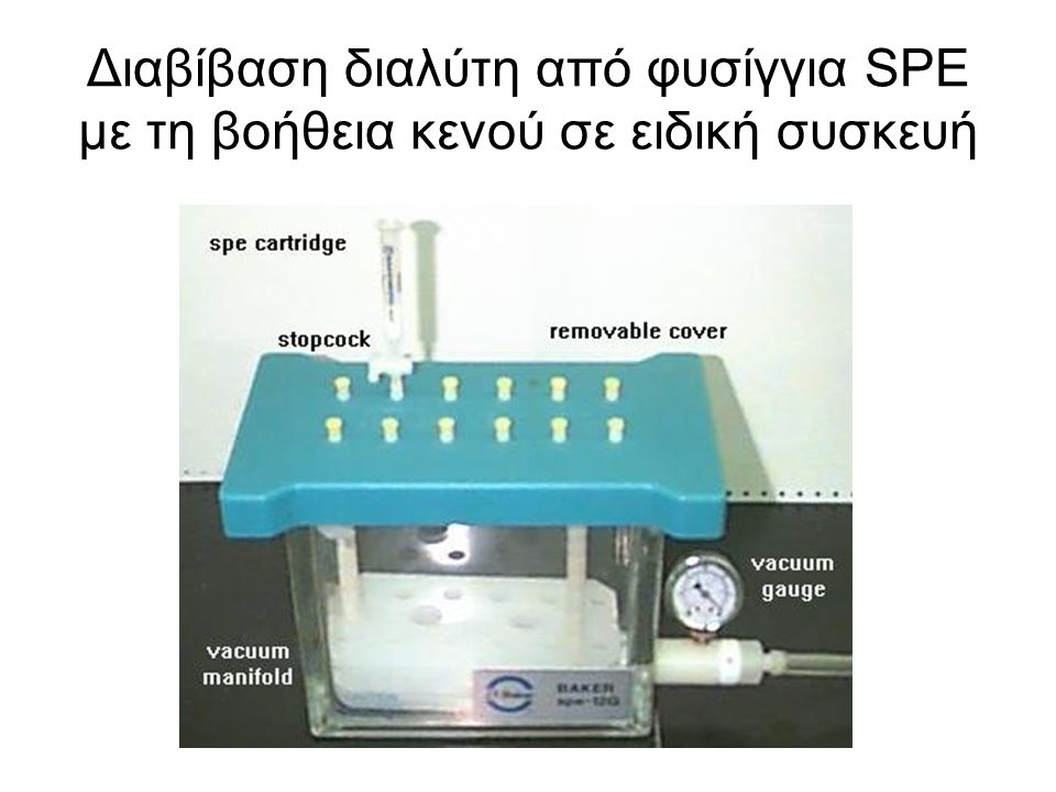 Διαβίβαση διαλύτη από φυσίγγια SPE με τη βοήθεια κενού σε ειδική συσκευή