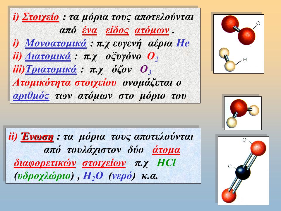 i) Στοιχείο : τα μόρια τους αποτελούνται