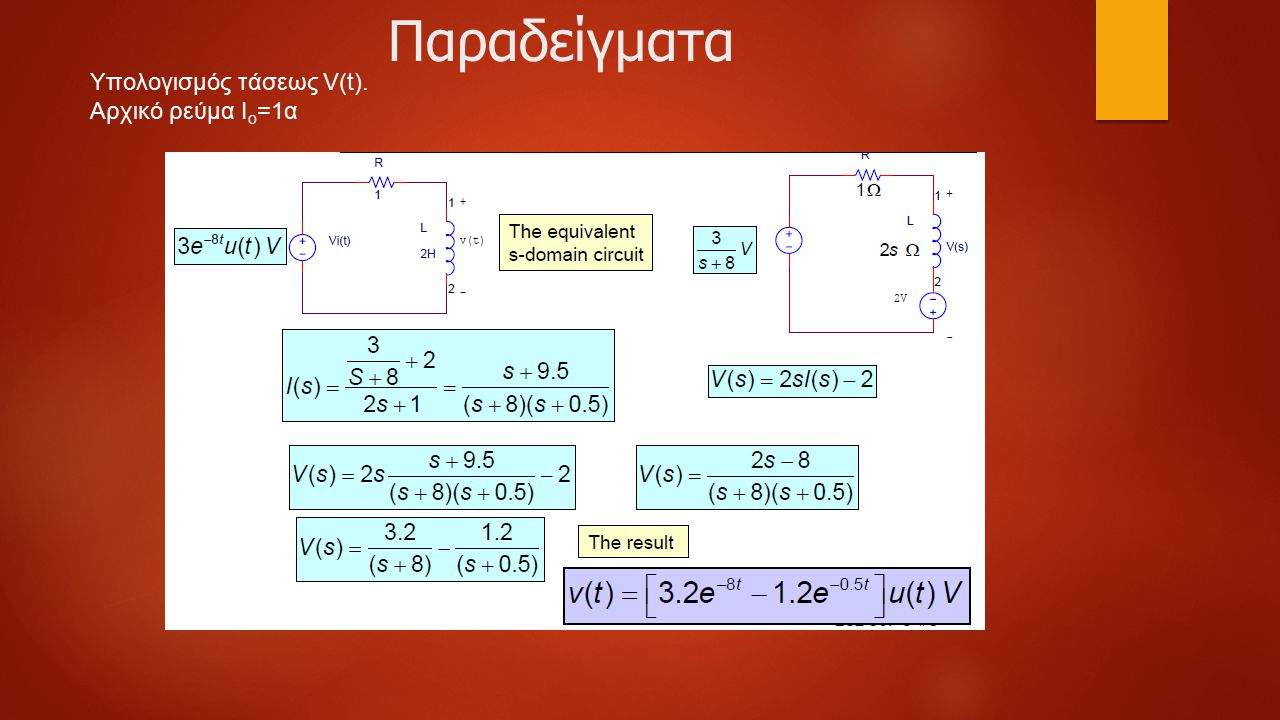 Παραδείγματα Υπολογισμός τάσεως V(t). Αρχικό ρεύμα Ιο=1α