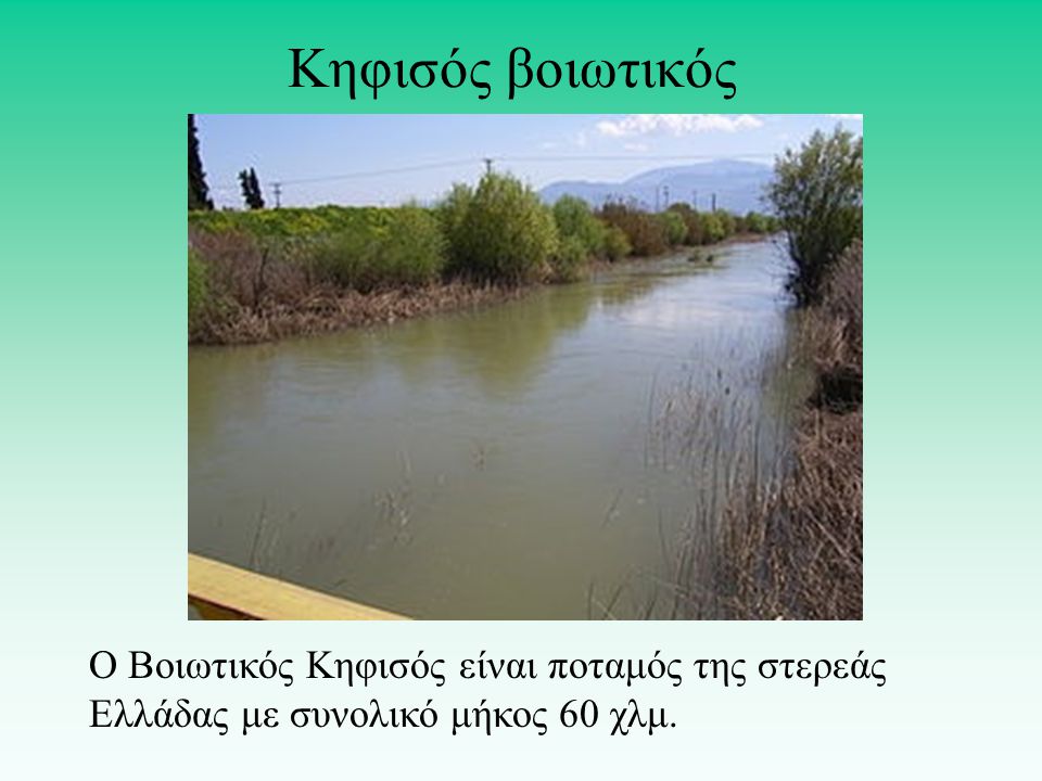 Κηφισός βοιωτικός Ο Βοιωτικός Κηφισός είναι ποταμός της στερεάς Ελλάδας με συνολικό μήκος 60 χλμ.