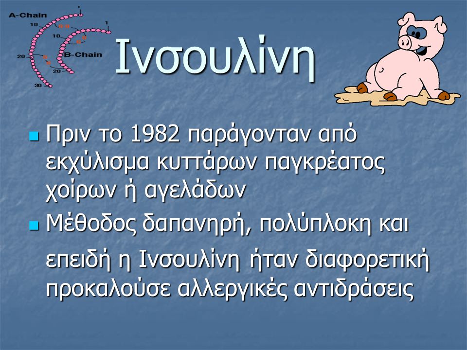 Ινσουλίνη Πριν το 1982 παράγονταν από εκχύλισμα κυττάρων παγκρέατος χοίρων ή αγελάδων.