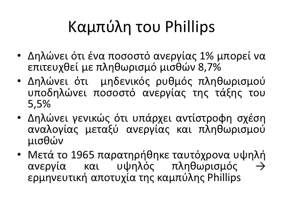 Καμπύλη του Phillips Δηλώνει ότι ένα ποσοστό ανεργίας 1% μπορεί να επιτευχθεί με πληθωρισμό μισθών 8,7%