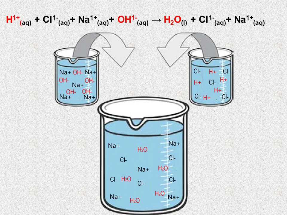 H1+(aq) + Cl1-(aq)+ Na1+(aq)+ OH1-(aq) → H2O(l) + Cl1-(aq)+ Na1+(aq)