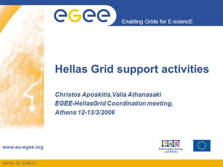 INFSO-RI-508833 Enabling Grids for E-sciencE www.eu-egee.org Hellas Grid support activities Christos Aposkitis,Valia Athanasaki EGEE-HellasGrid Coordination.
