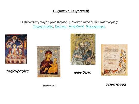 Βυζαντινή Ζωγραφική H βυζαντινή ζωγραφική περιλαμβάνει τις ακόλουθες κατηγορίες: Τοιχογραφίες, Εικόνες, Ψηφιδωτά, Χειρόγραφα. τοιχογραφίες ψηφιδωτά χειρόγραφα.