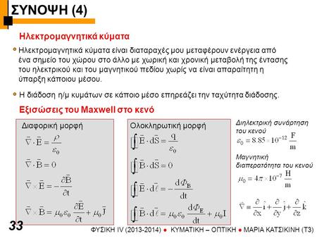 ΣΥΝΟΨΗ (4) 33 Ηλεκτρομαγνητικά κύματα Εξισώσεις του Maxwell στο κενό