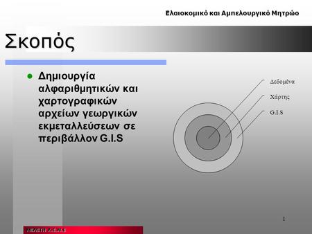 1 Σκοπός Δημιουργία αλφαριθμητικών και χαρτογραφικών αρχείων γεωργικών εκμεταλλεύσεων σε περιβάλλον G.I.S Ελαιοκομικό και Αμπελουργικό Μητρώο Δεδομένα.