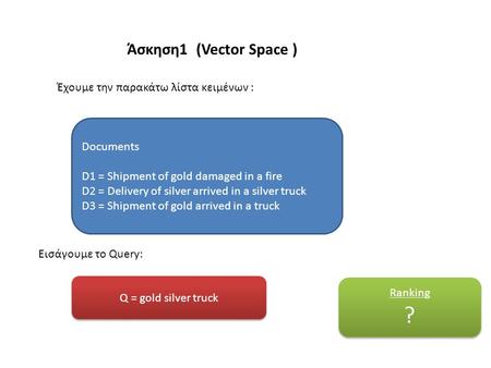Άσκηση1 (Vector Space ) Q = gold silver truck Documents D1 = Shipment of gold damaged in a fire D2 = Delivery of silver arrived in a silver truck D3 =