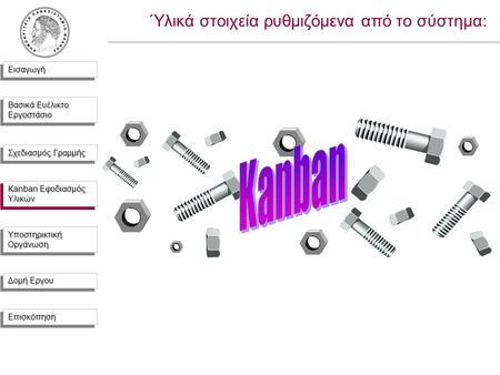 ΕισαγωγήΕισαγωγή Βασικά Ευέλικτο Εργοστάσιο Σχεδιασμός Γραμμής Kanban Εφοδιασμός Υλικών Υποστηρικτική Οργάνωση Δομή Εργου ΕπισκόπησηΕπισκόπηση Ύλικά στοιχεία.