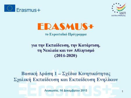 ERASMUS+ το Ευρω π αϊκό Πρόγραμμα για την Εκ π αίδευση, την Κατάρτιση, τη Νεολαία και τον Αθλητισμό (2014-2020) Βασική Δράση 1 – Σχέδια Κινητικότητας Σχολική.