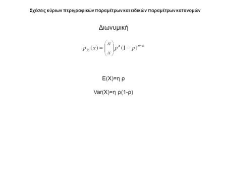 Σχέσεις κύριων περιγραφικών παραμέτρων και ειδικών παραμέτρων κατανομών Διωνυμική Ε(Χ)=η ρ Var(Χ)=η ρ(1-ρ)