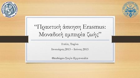 “Πρακτική άσκηση Erasmus: Μοναδική εμπειρία ζωής” Ιταλία, Τορίνο Ιανουάριος 2013 – Ιούνιος 2013 Θεοδώρου Σοφία-Εμμανουέλα.