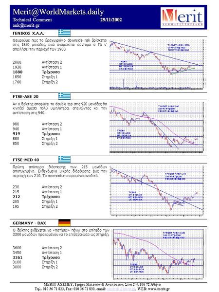29/11/2002 Technical Comment 29/11/2002 Θεωρούμε πως το βραχυχρόνιο downside risk βρίσκεται στις 1850 μονάδες, ενώ.
