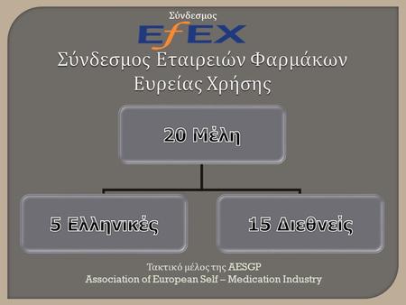 Τακτικό μέλος της AESGP Association of European Self – Medication Industry Σύνδεσμος.