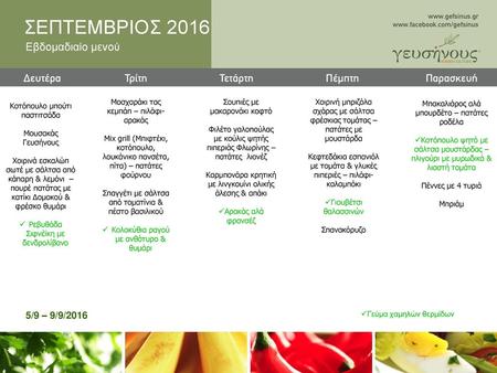 ΣΕΠΤΕΜΒΡΙΟΣ 2016 Εβδομαδιαίο μενού 5/9 – 9/9/2016