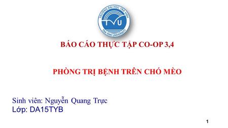 1 BÁO CÁO THỰC TẬP CO-OP 3,4 PHÒNG TRỊ BỆNH TRÊN CHÓ MÈO Sinh viên: Nguyễn Quang Trực Lớp: DA15TYB.