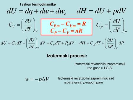 CP,m – CV,m = R CP – CV = nR Izotermski procesi: I zakon termodinamike