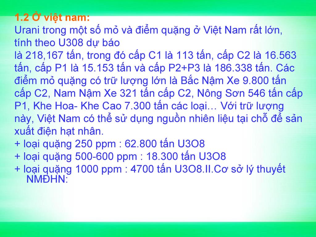 1.2 Ở việt nam: Urani trong một số mỏ và điểm quặng ở Việt Nam rất lớn, tính theo U308 dự báo.