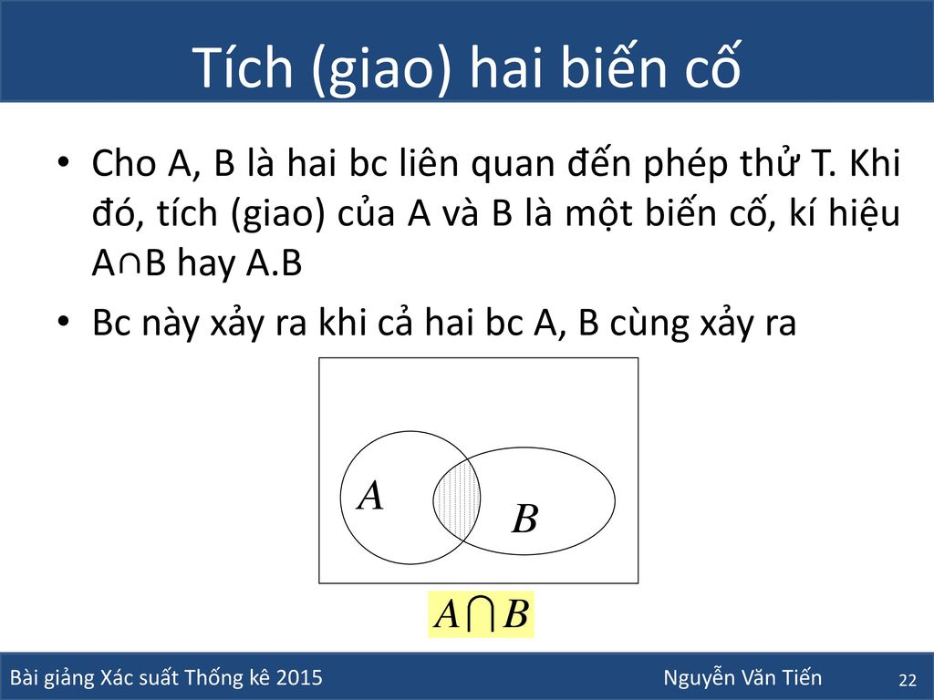 Tích (giao) hai biến cố Cho A, B là hai bc liên quan đến phép thử T. Khi đó, tích (giao) của A và B là một biến cố, kí hiệu A∩B hay A.B.