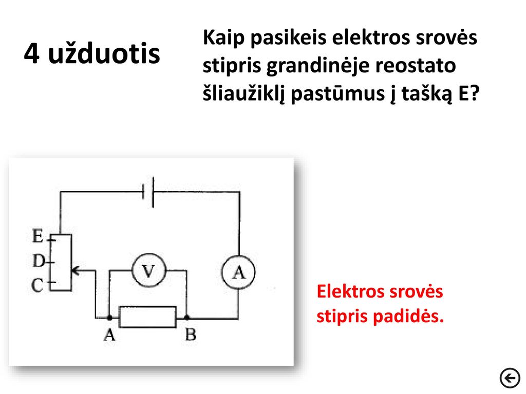 4 užduotis Kaip pasikeis elektros srovės stipris grandinėje reostato šliaužiklį pastūmus į tašką E