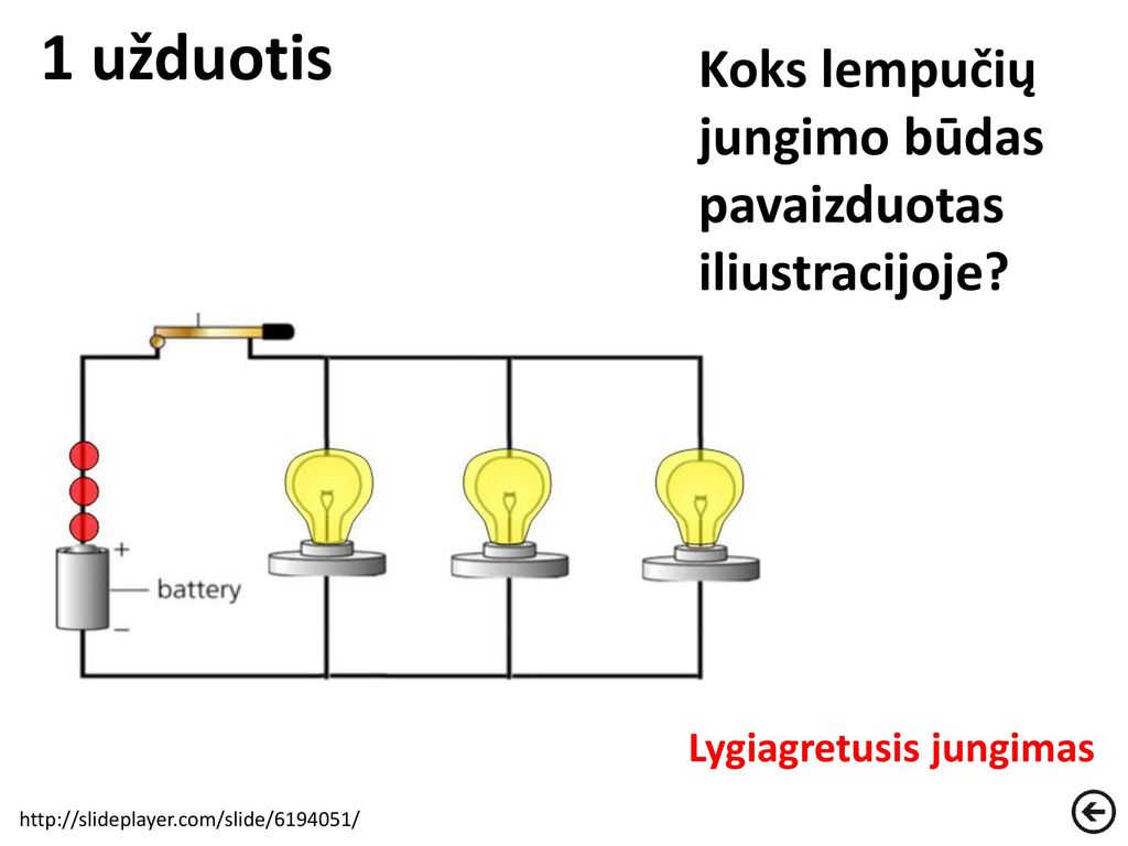 1 užduotis Koks lempučių jungimo būdas pavaizduotas iliustracijoje