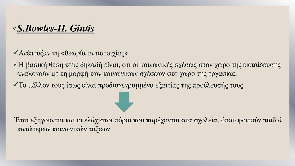 S.Bowles-H. Gintis Ανέπτυξαν τη «θεωρία αντιστοιχίας»