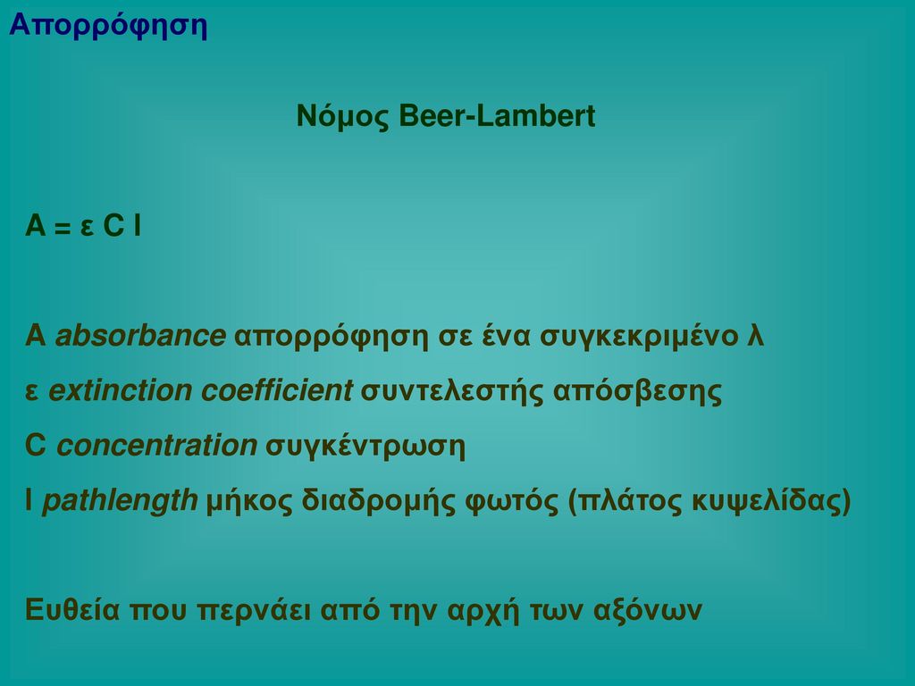 Απορρόφηση Νόμος Beer-Lambert. A = ε C l. A absorbance απορρόφηση σε ένα συγκεκριμένο λ. ε extinction coefficient συντελεστής απόσβεσης.