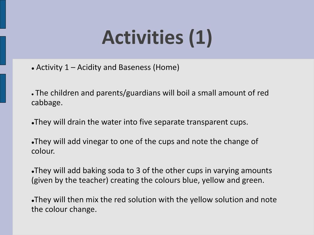 Activities (1) Activity 1 – Acidity and Baseness (Home)