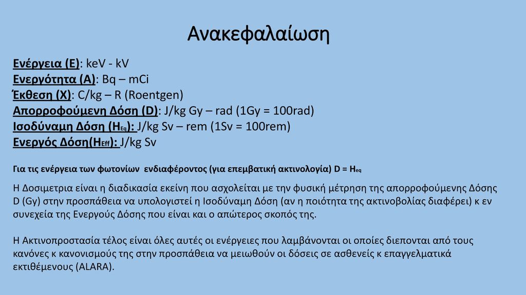 Ανακεφαλαίωση Ενέργεια (E): keV - kV Ενεργότητα (A): Bq – mCi