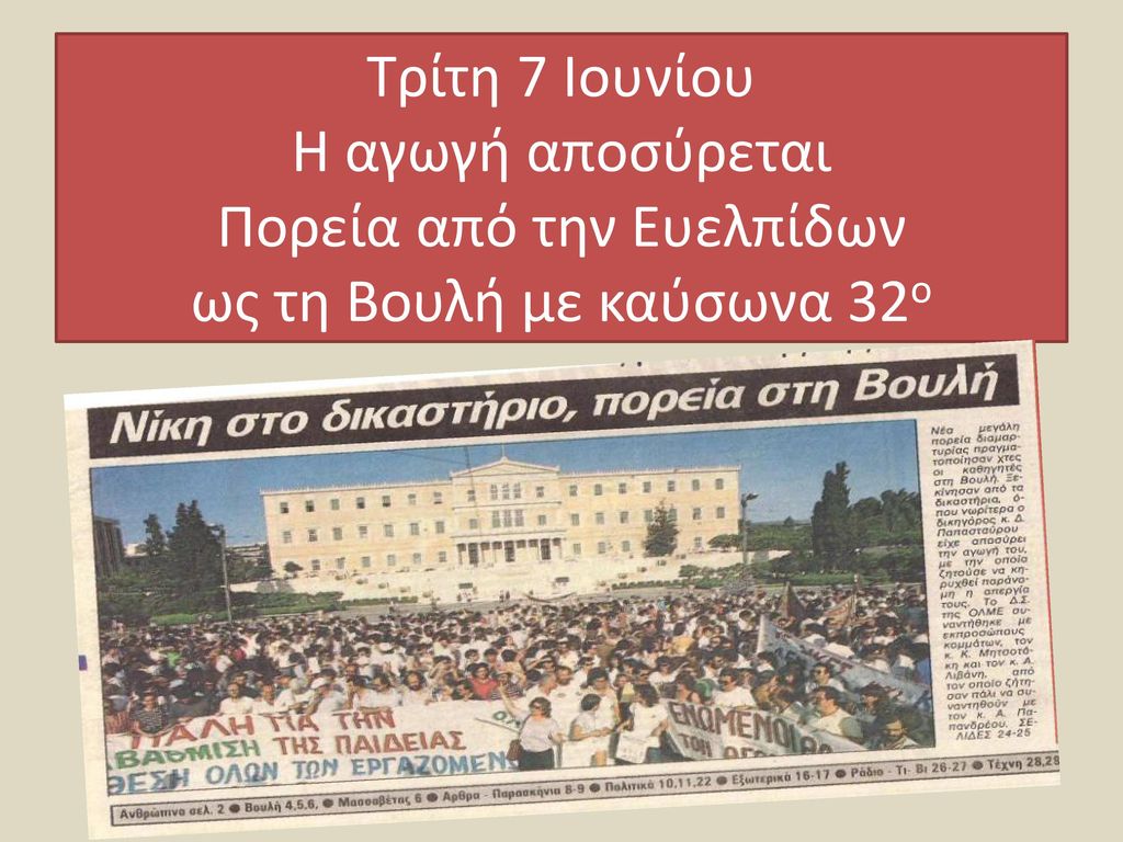 Τρίτη 7 Ιουνίου Η αγωγή αποσύρεται Πορεία από την Ευελπίδων ως τη Βουλή με καύσωνα 32ο